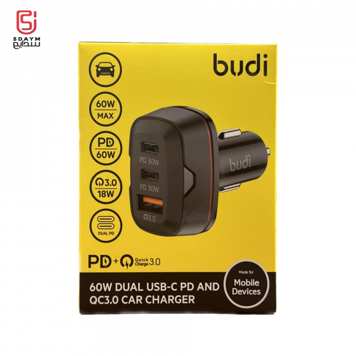 شاحن سيارة Budi 60 واط مزدوج USB0-C PD و QC3.O