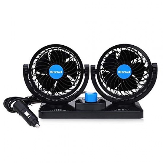 12V DC Electric Car Fan - Rotatable 2 Speed Dual Blade with 9FT Cord Quiet Strong Dashboard Cooling Fan