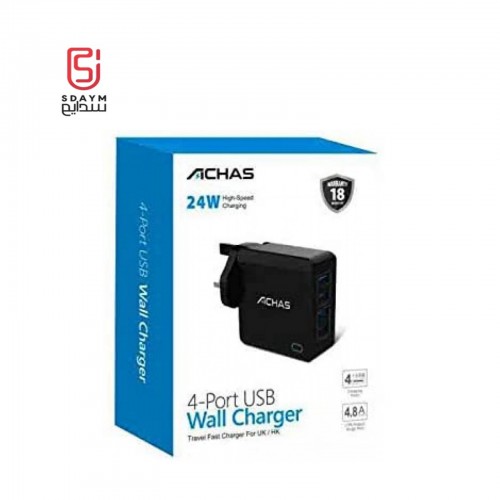 ACHAS 4-Port USB Wall Charger, Black, 24W High Speed Charging for UK/HK(AW-01)
